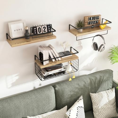 Wood Floating Shelves Wall Mounted - 3+1 Tier Rustic Bathroom Wall Shelves Over Toilet with Wire Storage Basket and Towel Bar, Set of 4 Farmhouse Floating Shelf for Bathroom, Kitchen, Bedroom. - Image 6