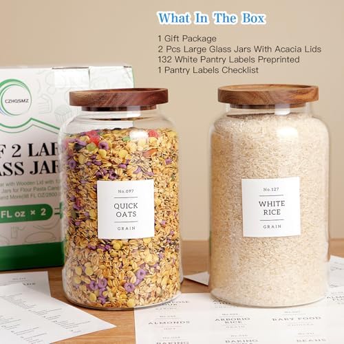 CZHQSMZ Set of 2 Large Glass Jar with Airtight Acacia Lid and 132 Kitchen Pantry Labels, Clear Glass Food Storage Jars Containers for Rice Flour Pasta Sugar Coffee Cookie and More(98 Fl Oz/2800 Ml) - Image 5