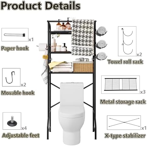 Over The Toilet Storage Shelf 3 Tier Bathroom Organizer Black - Image 4
