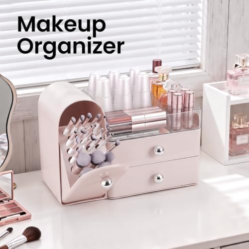 Makeup Organizer Countertop with Makeup Brush Holder,Pink - Image 3