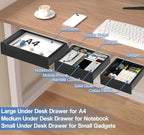 SVNNELP Under Desk Table Drawer Storage Organizer,3 Pack Large & Medium & Small Slide Out Desk Drawers - Hidden Desktop Organizer,Adhesive Storage Pencil Tray Under Table(BLACK/LMS) - Image 5