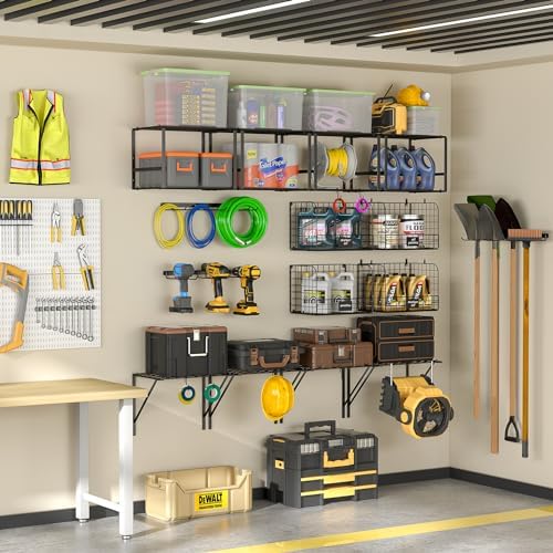 ThreeHio Garage Shelf Wall Mounted with Wire Baskets, Heavy Duty Garage Wall Shelving with Garden Tool Rack and Hooks, Wire Shelf Baskets Tool Organizer for Home Garden Yard Organization and Storage - Image 5