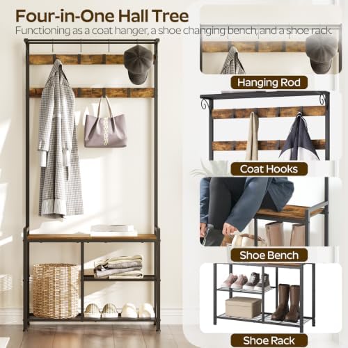 YATINEY Coat Rack Shoe Bench, 4-in-1 Hall Tree with Storage Shelves and Hanging Rod, Entryway Storage Organizer with 8 Movable Hooks, for Entryway, Hallway, Corridor, Rustic Brown and Black MT12BR - Image 3
