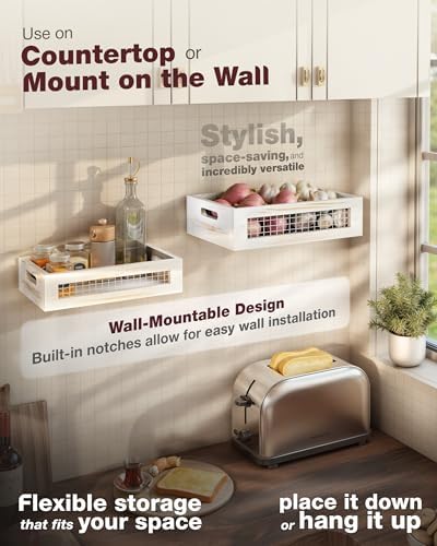 Wooden Countertop Baskets Set of 2 for Kitchen, Bathroom, Pantry|Wall Mount Upgrade with Full Accessories| Rustic Nesting Boxes|Wooden Organizer Crates for Fruit, Vegetables, Produce, Bread - Image 7