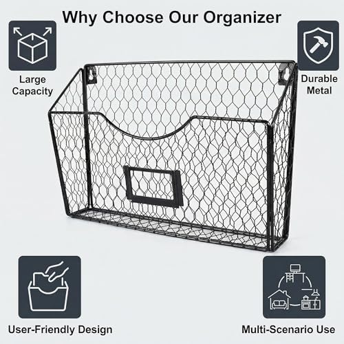 PAG-Mass 3 Pockets Hanging File Holder Wall Mount Mail Organizer Metal Chicken Wire Magazine Rack with Tag Slot, Black - Image 3