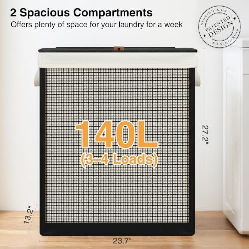 STO STO 2 Section Laundry Hamper with Lid, 140L Steel-Frame Double Laundry Hamper with Removable Washable Liner, Breathable Large Laundry Basket for Bedroom, Bathroom, Laundry Room, Dorm, Closet - Image 3