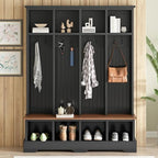 Merax Farmhouse Hall Tree with Bench and Shoe Storage, 59" Entryway Bench with Coat Rack, 3-in-1 Hall Tree with Top Compartments and 8 Hooks for Hallway, Living Room, Black - Image 3