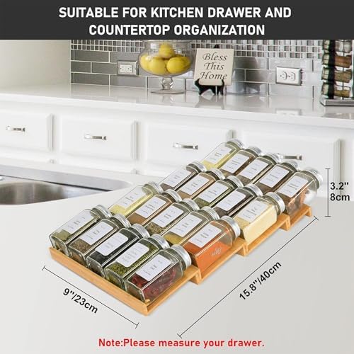 Spice Drawer Organizer with 20 Spice Jars,216 Labels,50 Non-slip Rubber, Bamboo 4 Tier Seasoning Rack Tray Insert for Kitchen Drawers,Cabinets,Countertop,9" Wide x 15.8" Deep - Image 4
