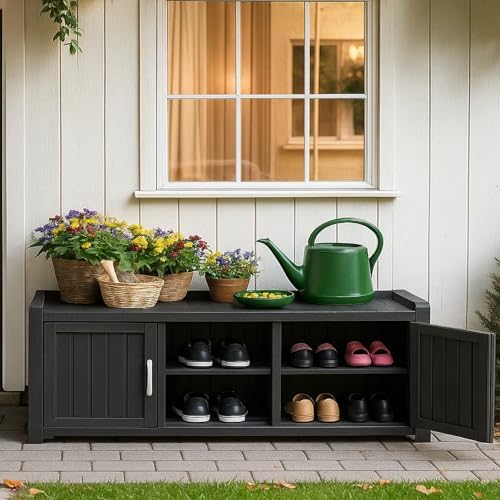 ROJIK Shoe Cabinet Waterproof UV-Resistant,Storage Bench Indoor Outdoor with Adjustable Shelves,for Entryway Bedroom,Hallway,Living Room(3 Door, Black) - Image 2