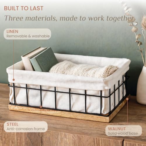 Metal Baskets for Organizing - Toiletries Black Metal Basket with Liner, Wooden Decorative Baskets for Home Decors, Bathroom Decor & Kitchen Decor, Bin Wire Basket Storage (X-Large) - Image 3