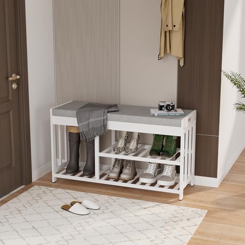 Bamboo Shoe Storage Bench with Cushioned Seat 3-Tier Entryway Shoe Rack by HEALTHYYOU