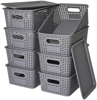 Ohmlove 8 Pack Plastic Storage Baskets with Lids for Organization by OHMLOVE