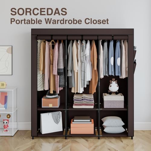 SORCEDAS Portable Closet Wardrobe with Hanging Rods Shelves Clothes Storage - Image 5