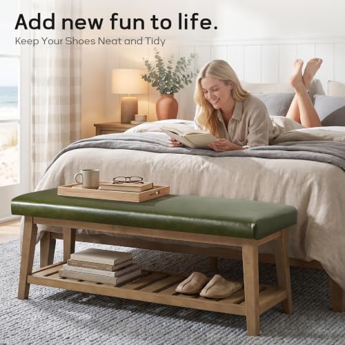 Zihanhome Entryway Shoe Bench, End of Bed Bench,Leather Bench(PU-Green) - Image 4