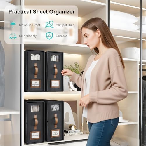 8 Pack Foldable Bed Sheets Set Organizers and Storage(Cal King Size),Linen Fabric Closet Organizers with Window,Folding Bedding Storage Box for Bedsheets and Pillow Cube Organizer-Black - Image 4