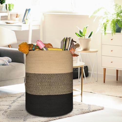 COMSE Tall Woven Blanket & Laundry Basket, 72L, Brown & Black - Image 5