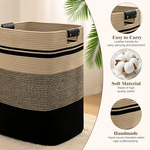 Laundry Hamper, 75L Tall Laundry Basket with Leather Handles, Rectangle Large Clothes Hamper for Organizing, Cotton Woven Laundry Baskets Storage Hampers for Bedroom, Nursery, Living Room - Image 5