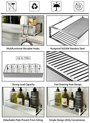 Bathroom Adhesive Shower Caddy Basket Shelf with Hooks, No Drilling Removable Bathroom Shelf Organizer,Stainless Steel Rustproof Shower Rack for Shampoo Storage, Sponge Holder-Silver - Image 5