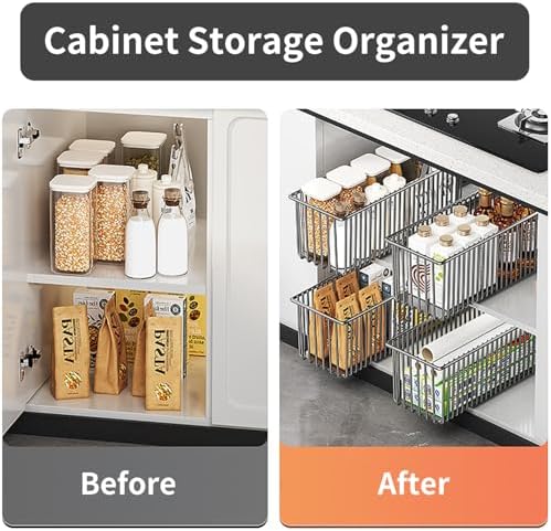 Pull Out Cabinet Organizers 2 Pack, Black Metal Storage Basket - Image 4