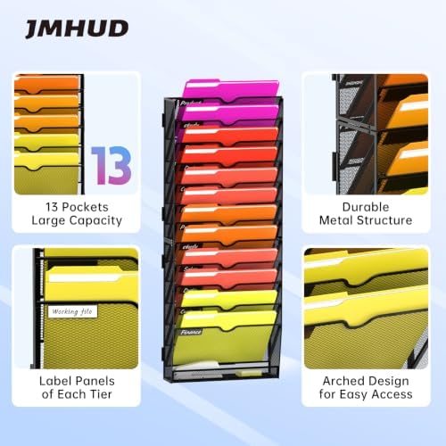 13-Tier Wall File Organizer with Base and Hooks, Hanging Organizer, Black - Image 3