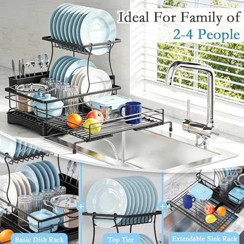 2 Tier Dish Drying Rack, Large Extendable Dish Racks for Kitchen Counter , Dishrack with Drainboard, 2-in-1 Anti-Rust Stainless Steel Dish Drainer with Utensil Holder (Black, double of Dish Rack) - Image 3