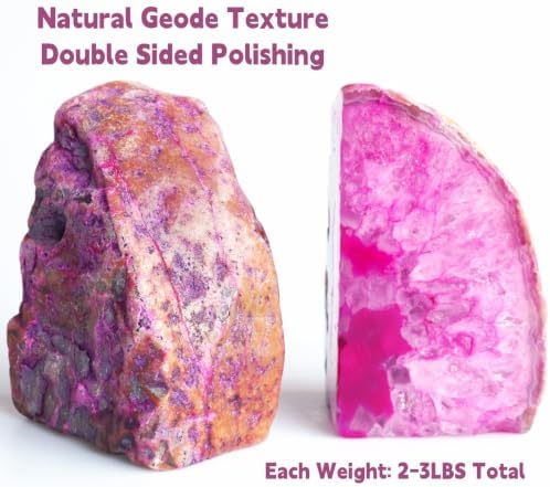 Geode Bookends Agate Decor Book Ends Unique Crystal Bookend Dyed Pink for Home Decorative 1 Pair 2-3 Lbs - Image 2
