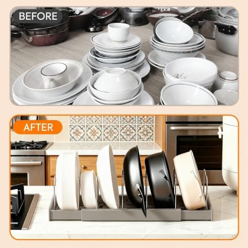 2 Pack Expandable Pots and Pans Organizer under Cabinet, Adjustable Pot Lid Organizer Rack with 9 Stainless Steel Dividers, Food Container Lid Holder for Kitchen Countertop Storage (Gray) - Image 6
