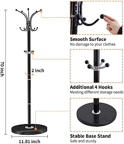 ZOZOE Metal Coat Rack Stand, Modern Coat Rack Freestanding with Natural Marble Base, 360° Rotary Design Coat Racks with 14 Hooks, Black Coat Tree Hanger Stand for Bags, Hats, Entryway, Office - Image 4