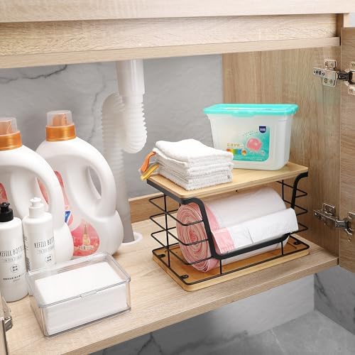 ALOCEO 2 Pack Large Garbage Bag Dispenser for 13/30/33 Gallon Bags, Potato and Onion Storage Baskets with Bamboo Lid, Stainless Steel Stackable Storage Bins for Kitchen Laundry Pantry Room - Image 7