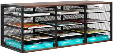 Mail Sorter Adjustable Holder, Countertop Literature Organizer, Student Mailbox for Classroom, Desktop Bill Paper Organizer for Office Home School, 12 Compartments, Brown by PAG-Mass