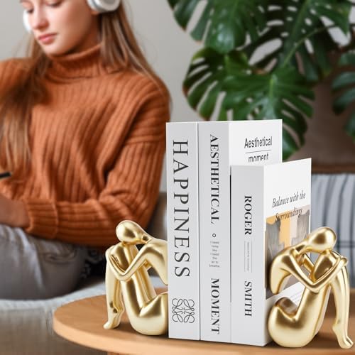 Gold Bookends Book Ends, Unique Decorative Girl Thinker Design,Non-Slip Home Office Bookshelf Decor, Modern Book Holder for Shelves, Heavy Duty Resin Book Stopper for Books,2Piece - Image 5