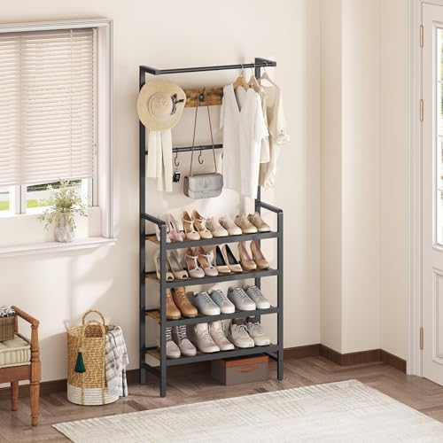YATINEY Hall Tree, Coat and Shoe Rack, Entryway Coat Rack with 4-Tier Wooden Shoe Rack and 10 Hooks, Freestanding Hall Tree with Shoe Storage for Entryway, Hallway, Rustic Brown and Black MT09BR - Image 4