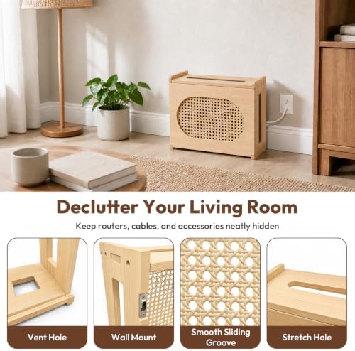 Wooden Wi-Fi Router Box Hider, Rattan Door, Standard Wall Mountable Decorative Modem Shelf, Fits Routers Up to 11" Tall, Power Strip Cable Organizer Rack - Light Wood Grain - Image 6
