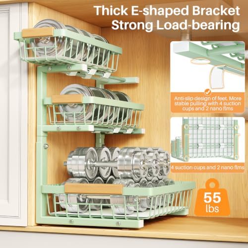 PXRACK Under Sink Organizer, 2-Pack 3-Tier Height Adjustable Thickened Metal Pull out Cabinet Organizer Shelf, Slide out Storage Drawer Rack for Bathroom Kitchen Pantry Home Organization, Green - Image 6