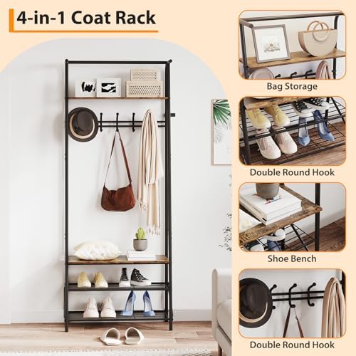 Jojoka 4-in-1 Entryway Coat Rack Hall Tree with Bench & Shoe Rack, Freestanding Storage for Hooks, 3-Tier Shoe Cabinet, Hanging Rod for Hallway, Front Door, Mudroom - Image 3