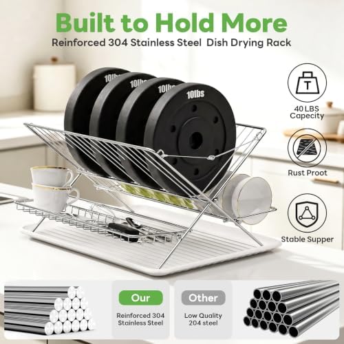 Stainless Steel Foldable Dish Drying Rack, 3 Tier Large Capacity Collapsible Folding Dish Drainer with Drainboard for Kitchen Counter (Upgraded) - Image 5