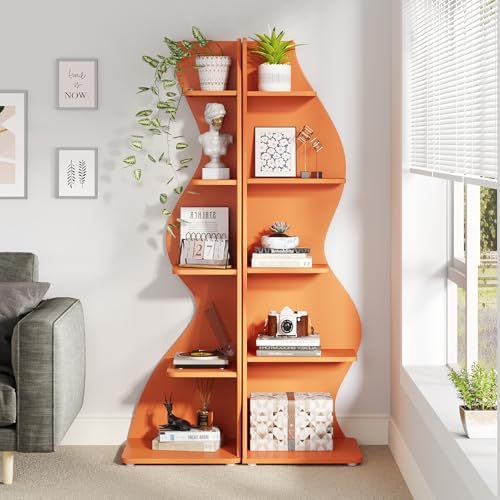 Tribesigns Corner Shelf, Modern 5-Tier Wall Corner Bookshelf, Stylish Corner Small Bookcase Storage Rack Plant Stand with Unique Shape for Living Room, Home Office (Orange, 2PCS) - Image 4