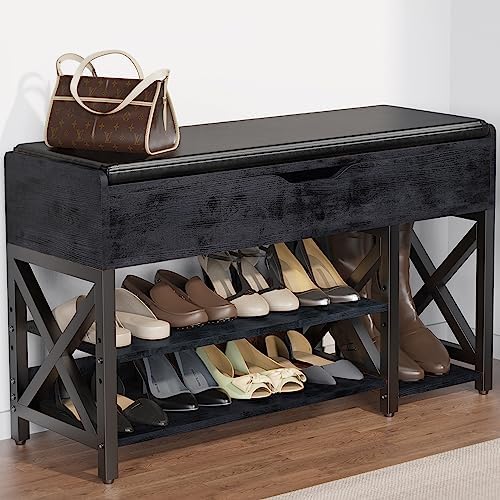 Shoe Bench, Lift Top Shoe Storage Bench, Adjustable Shelf Entryway Bench with Padded Cushion for Entry, Closet, Living Room, Hallway, 2-Tier Shoe Rack Organizer(Black, 35.5“W) by Astimey
