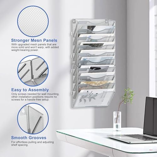 EasyPAG Wall File Organizer for Office 10 Pocket Mesh Wall Mounted Paper Organizer Hanging Folder Holder with Nametag Label for Home School, Silver - Image 3