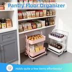 2 Tier Cart with Wheels Under Desk Storage with Handle, Metal Rolling Pantry Cart for Kitchen White Small Rolling Basket for Laundry Room Bathroom, Utility Shelf Organizer for Small Space - Image 2