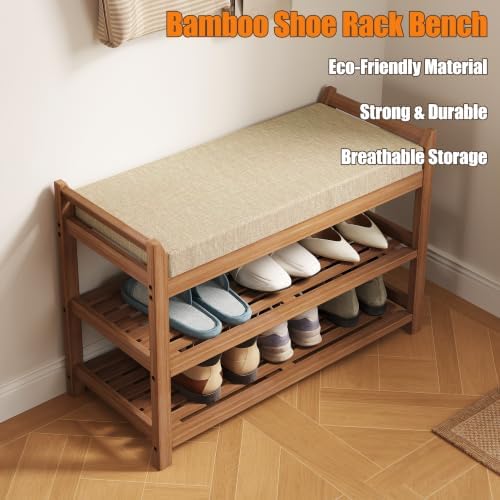 Entryway Shoe Rack Bench with Comfy Cushion, 28" Bamboo Storage Stool, 3-Tier Wooden Shoe Rack for Living Room Bedroom Hallway, Walnut Color - Image 5
