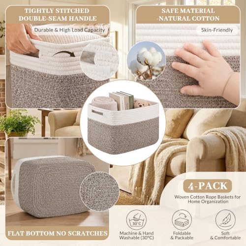 OIAHOMY 4 Pack Storage Basket, 13"x9"x7.8" Cotton Rope Baskets for Shelves, Closet Organizer for Bedroom & Living Room, Soft Decorative Bins for Organizing Towels, Books & Toys, Deep Brown & White - Image 3
