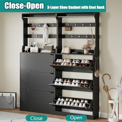 Shoe Cabinet for Entryway with 3 Flip Drawers, Black Tall Shoe Storage Cabinet with Coat Rack, Wood Narrow Slim Hidden Freestanding Shoe Rack Organizer, 2 in 1 Hall Tree for Living Room, Hallway - Image 5