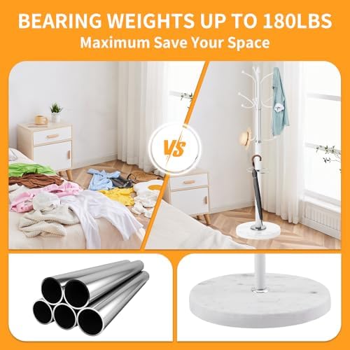 ZOZOE Metal Coat Rack Stand, Modern Coat Rack Freestanding with Natural Marble Base, Sturdy Coat Racks with 12 Hooks & Umbrella Holder,White Coat Tree Hanger Stand for Bags,Hats,Entryway,Office - Image 2