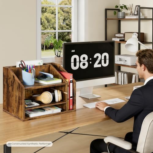 CHOEZON Wooden Desk Organizer with Adjustable Partitions, Rustic Brown - Image 2