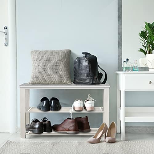 Simple Houseware Wooden Top Shoe Rack Bench for Entryway, White - Image 2