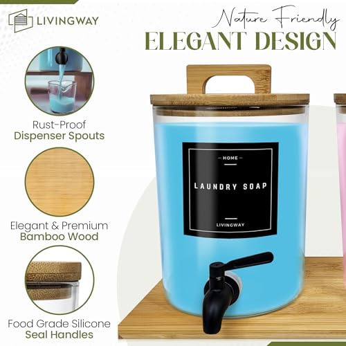Glass Laundry Detergent Dispenser Set with Bamboo Stand – Liquid Soap & Fabric Softener Dispensers, Refillable Glass Jars with Easy-Pour Spigot & Lids, Laundry Room Organization - Image 3
