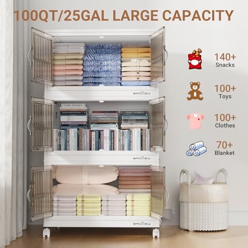 BROVIEW 300Qt Stackable Storage Bins with Lid, Extra Large Closet Organizer Collapsible Drawer Boxes with Wheels, Folding Plastic Cabinet Containers for Home Kitchen Room Organization, 3Pack White - Image 4