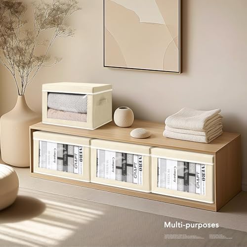Homsorout Storage Boxes with Lids - 4 Pack Fabric Clear Window Storage Bins, Large Decorative Storage Bins with Handles, Linen Closet Organizer for Clothes, Towel, Blanket, Beige - Image 3