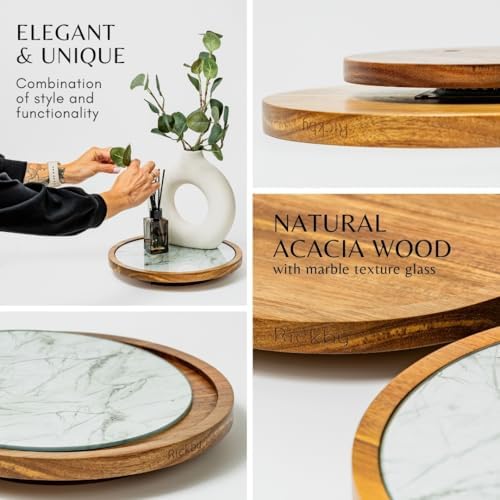 Rickby, 12" Premium Acacia Wood Lazy Susan Turntable for Table Top with Removable Marble Texture Glass Plate, Wooden Lazy Susan for Dining Table Centerpiece & Kitchen Countertop - Image 4